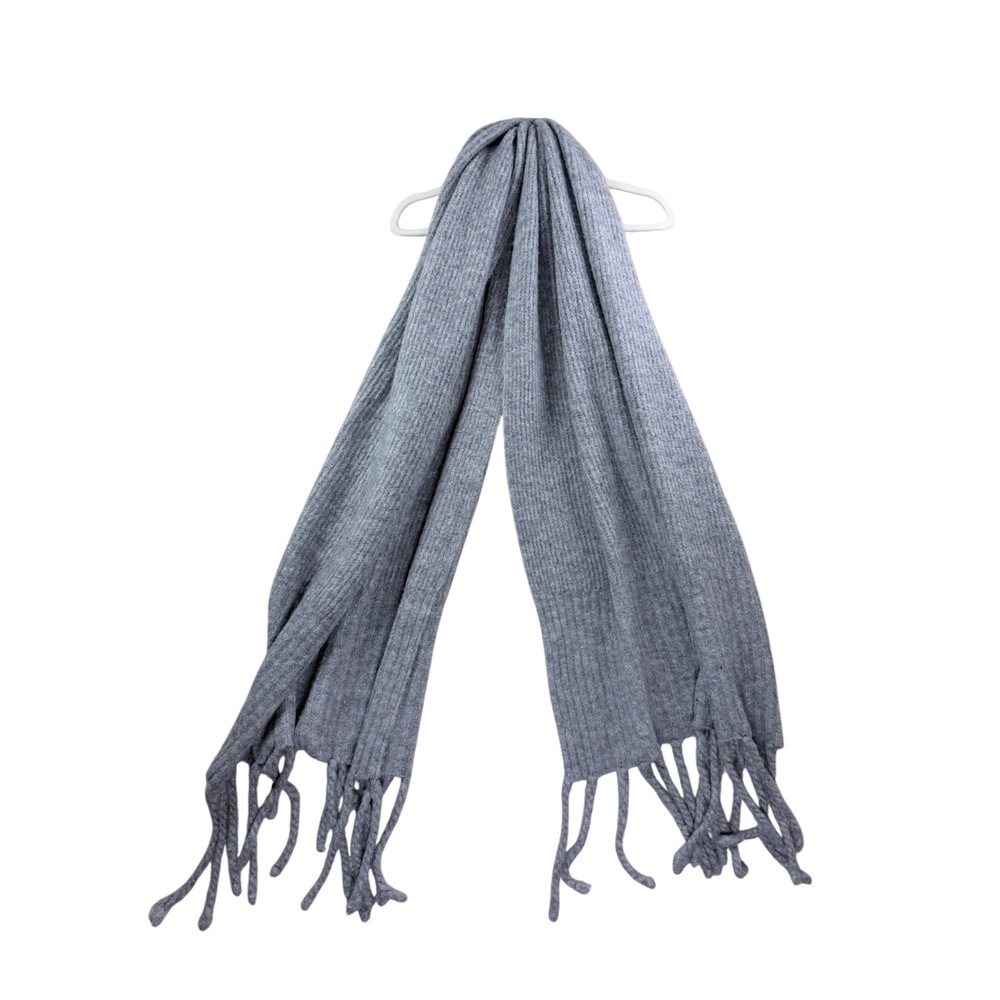 Free People Scarf Women OS Grey Oversized Ribbed Knit Fringe Cozy Winter Wrap
